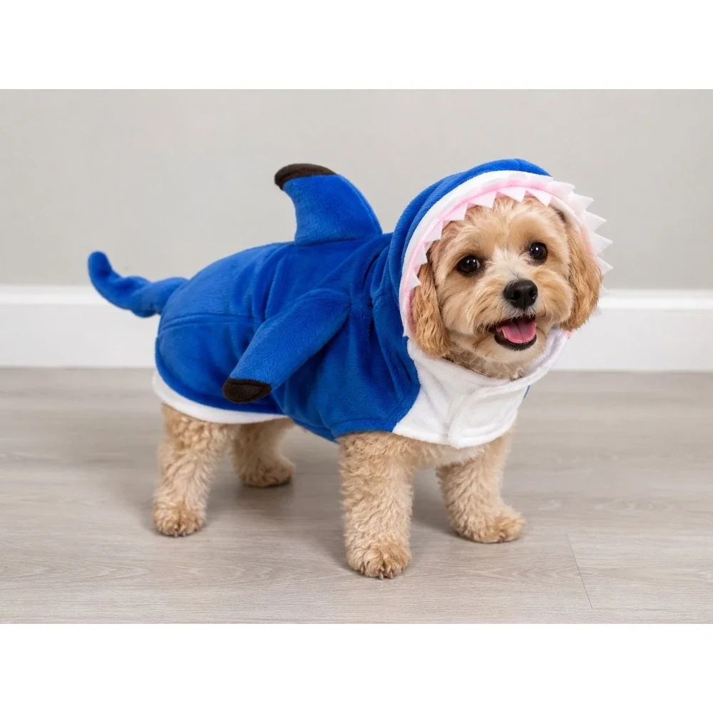 Pet Halloween Blue Shark Dog Costume Small Plush Fleece Fin Teeth Ocean Sea Jaws